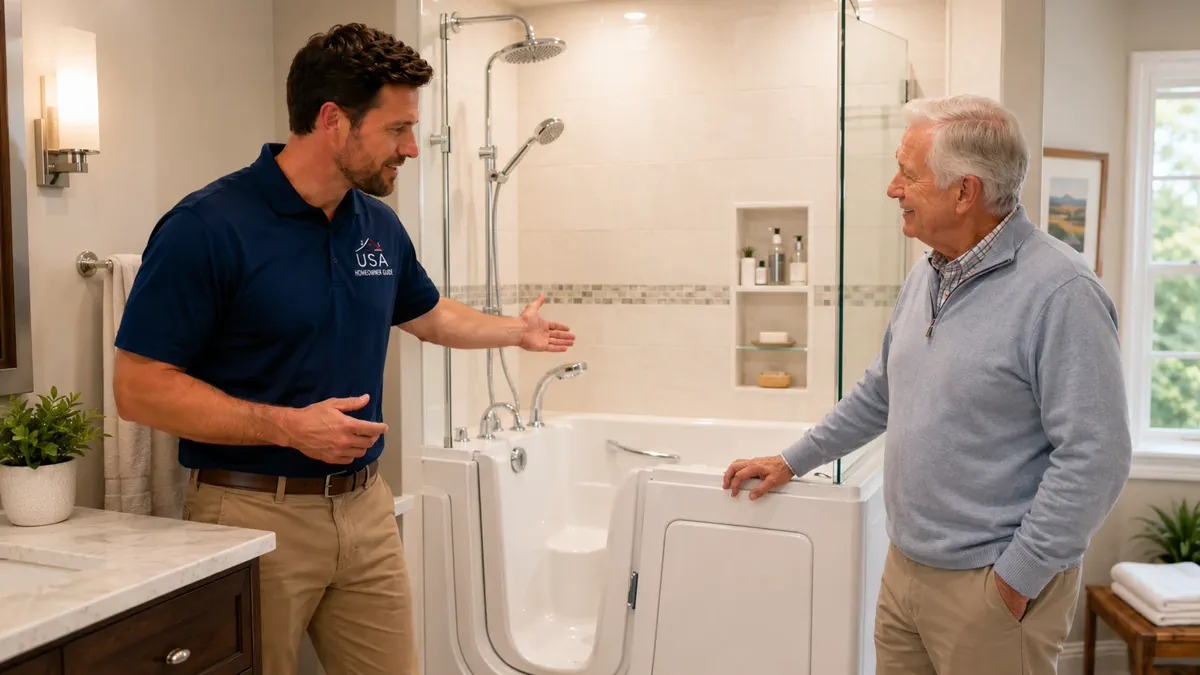 A USA Homeowner Guide representative showing a senior homeowner her new walk-in tub in a modern bathroom