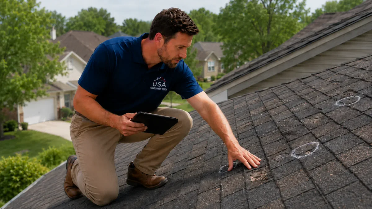A USA Homeowner Guide inspector kneeling on a residential roof, examining hail-damaged shingles marked with chalk circles