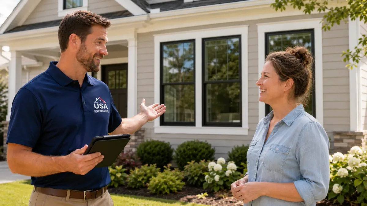 A USA Homeowner Guide representative discussing new energy-efficient windows with a homeowner in front of her American home