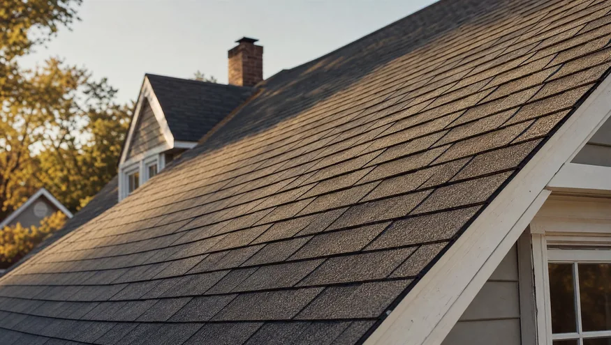 A close look at an asphalt shingle roof in evening light