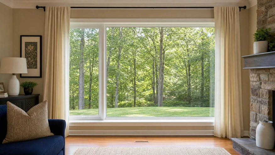 A large picture window framing a green wooded view